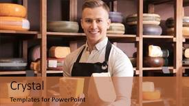  Presentation with worker - Cool new presentation theme with calcium - young worker holding different cheeses backdrop and a red colored foreground