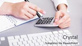  Presentation with business woman standing on maze - PPT layouts having calculadora - office business woman calculating background and a sky blue colored foreground