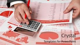  Presentation with financial accounting - Slides featuring calculation - businessman accountant using calculator background and a coral colored foreground