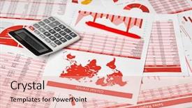  Presentation with business office desk - Presentation design with calculation - businessman accountant using calculator background and a coral colored foreground