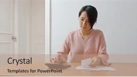  Presentation with expenditure - Colorful presentation design enhanced with calculation - woman calculate the expenditure backdrop and a coral colored foreground