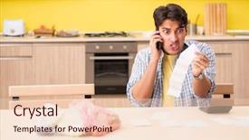  Presentation with man watching woman preparing vegetables - PPT theme enhanced with calculation - young man calculating expences background and a lemonade colored foreground