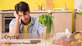  Presentation with man watching woman preparing vegetables - Audience pleasing presentation consisting of calculation - young man calculating expences backdrop and a coral colored foreground