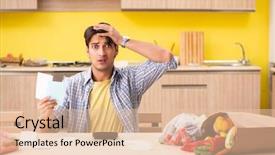  Presentation with man watching woman preparing vegetables - Amazing presentation theme having calculation - young man calculating expences backdrop and a lemonade colored foreground