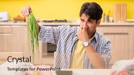  Presentation with man watching woman preparing vegetables - Cool new slide deck with calculation - young man calculating expences backdrop and a coral colored foreground