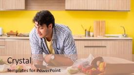  Presentation with man watching woman preparing vegetables - Presentation design enhanced with calculation - young man calculating expences background and a coral colored foreground