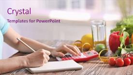  Presentation with weight loss lose text - Beautiful slides featuring calculation - young woman calculating calories backdrop and a sky blue colored foreground