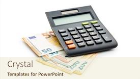  Presentation with calculator - Presentation theme having calculator-and-euro-paper-banknotes background and a soft green colored foreground