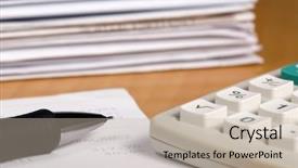  Presentation with piles - Theme with calculator and pen with piles of bills background and a mint green colored foreground