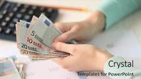  Presentation with money transfer applications - Presentation theme with calculator euro - woman counting money background and a coral colored foreground
