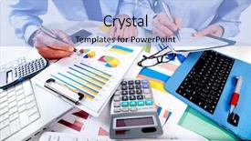  Presentation with courier business finance analysis - Colorful slide set enhanced with calculator finance and accounting business backdrop and a light blue colored foreground