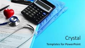  Presentation with medical clipboard - PPT theme having medical stethoscope clipboard coat and calculator on blue background background and a cyan colored foreground