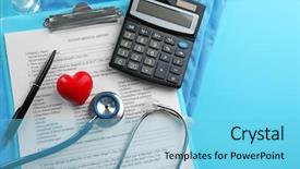  Presentation with medical clipboard - Cool new slide set with calculator on blue background backdrop and a light blue colored foreground