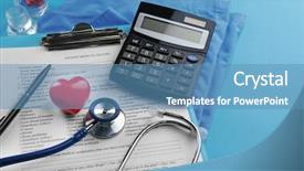  Presentation with clipboard stethoscope - Theme consisting of medical stethoscope clipboard coat and calculator on blue background background and a teal colored foreground