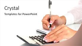  Presentation with white and black woman climbing ladders - PPT layouts featuring woman's hands counts on the calculator on white background close-up background and a white colored foreground