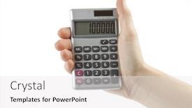  Presentation with calculator - Presentation theme enhanced with calculator with hand isolated on white background and a white colored foreground