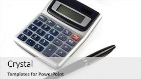  Presentation with calculator - PPT theme enhanced with calculator with pen isolated on white background background and a light gray colored foreground