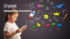  Presentation with application - Colorful presentation design enhanced with calendar children - adorable girl working on tablet backdrop and a dark gray colored foreground