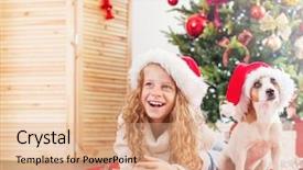  Presentation with child tree - PPT theme having calendar children - child with dog near christmas background and a  colored foreground