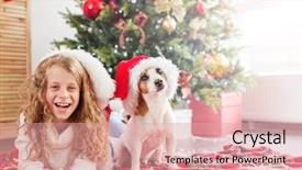  Presentation with child tree - PPT theme having calendar children - child with dog near christmas background and a coral colored foreground