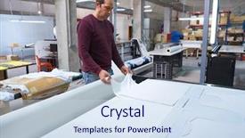  Presentation with machine operator - Presentation design featuring calender transfer machine production operator background and a sky blue colored foreground