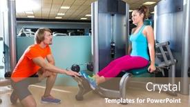  Presentation with exercise trainer - Audience pleasing PPT layouts consisting of calf extension woman at gym exercise machine workout and personal trainer woman backdrop and a coral colored foreground