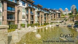  Presentation with property development apartment residential buildings - Colorful slide set enhanced with company overview - man hand tablet with single backdrop and a coral colored foreground