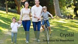  Presentation with internal quality audit - Cool new slide set with kids walk bike - happy young family spend quality backdrop and a violet colored foreground