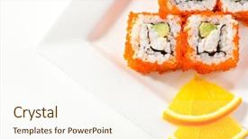  Presentation with crab - Cool new presentation with california maki sushi with masago - roll made of crab meat avocado cucumber inside smelt roe outside backdrop and a cream colored foreground