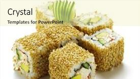  Presentation with mayonnaise - Colorful slides enhanced with california maki sushi with sesame - roll made of imitation crab avocado cucumber japanese mayonnaise inside sesame outside backdrop and a blonde colored foreground