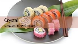  Presentation with japanese food - Cool new PPT theme with california-rolls-maki-sushi-japanese backdrop and a coral colored foreground