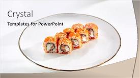  Presentation with philadelphia - Slides with california rolls with crab meat philadelphia cheese served on white flat plate asian menu for gourmets in luxury restaurant background and a sky blue colored foreground