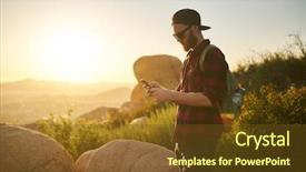  Presentation with millennial - Theme having california vacation - bearded millennial hiker using smartphone background and a tawny brown colored foreground