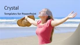  Presentation with sun - Slides enhanced with california vacation - beautiful woman enjoying the sun background and a light blue colored foreground