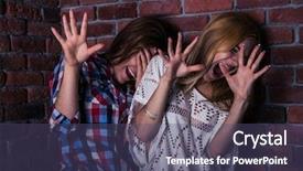  Presentation with brick wall - Presentation design featuring call 911 - two frightened woman standing background and a violet colored foreground