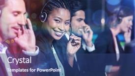  Presentation with call center - Beautiful presentation theme featuring call center agent - happy businesswoman with headsets sitting backdrop and a ocean colored foreground