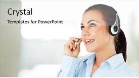  Presentation with upwards - PPT layouts having call center agent looking upwards while talking against steaming cup of coffee background and a white colored foreground