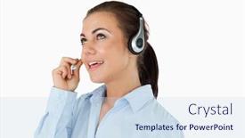  Presentation with upwards - Slide deck with call center agent looking upwards while talking against a white background background and a sky blue colored foreground