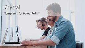  Presentation with computers - Audience pleasing presentation theme consisting of call-center-consultants-use-computers backdrop and a light gray colored foreground