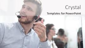  Presentation with call center - PPT theme enhanced with call center employee talking with a colleague in the office background and a white colored foreground