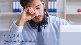  Presentation with call center - Colorful slide deck enhanced with call-center-employee-working backdrop and a light blue colored foreground