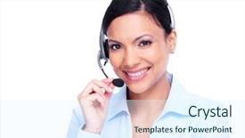  Presentation with call center - Audience pleasing presentation theme consisting of call center operator business woman backdrop and a sky blue colored foreground