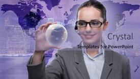  Presentation with call center - Amazing PPT theme having call center operator in global business concept backdrop and a light blue colored foreground