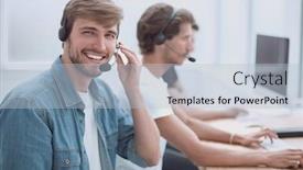  Presentation with call center - Amazing slide deck having telemarketing - call center operator sitting backdrop and a light blue colored foreground