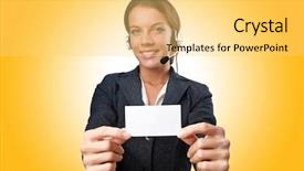  Presentation with call center - Cool new presentation with call center operator with blank backdrop and a yellow colored foreground