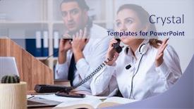  Presentation with call center - PPT theme featuring call-center-operators-working background and a sky blue colored foreground