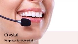  Presentation with financial center - Beautiful PPT theme featuring call center secretary woman backdrop and a coral colored foreground