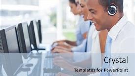  Presentation with call center - Presentation design consisting of call center team - agent smiling while working background and a light blue colored foreground