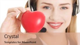  Presentation with call center management - Amazing presentation design having call center woman holding heart backdrop and a coral colored foreground
