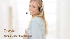  Presentation with call center - Amazing slide deck having call-center-woman-with-headset backdrop and a lemonade colored foreground